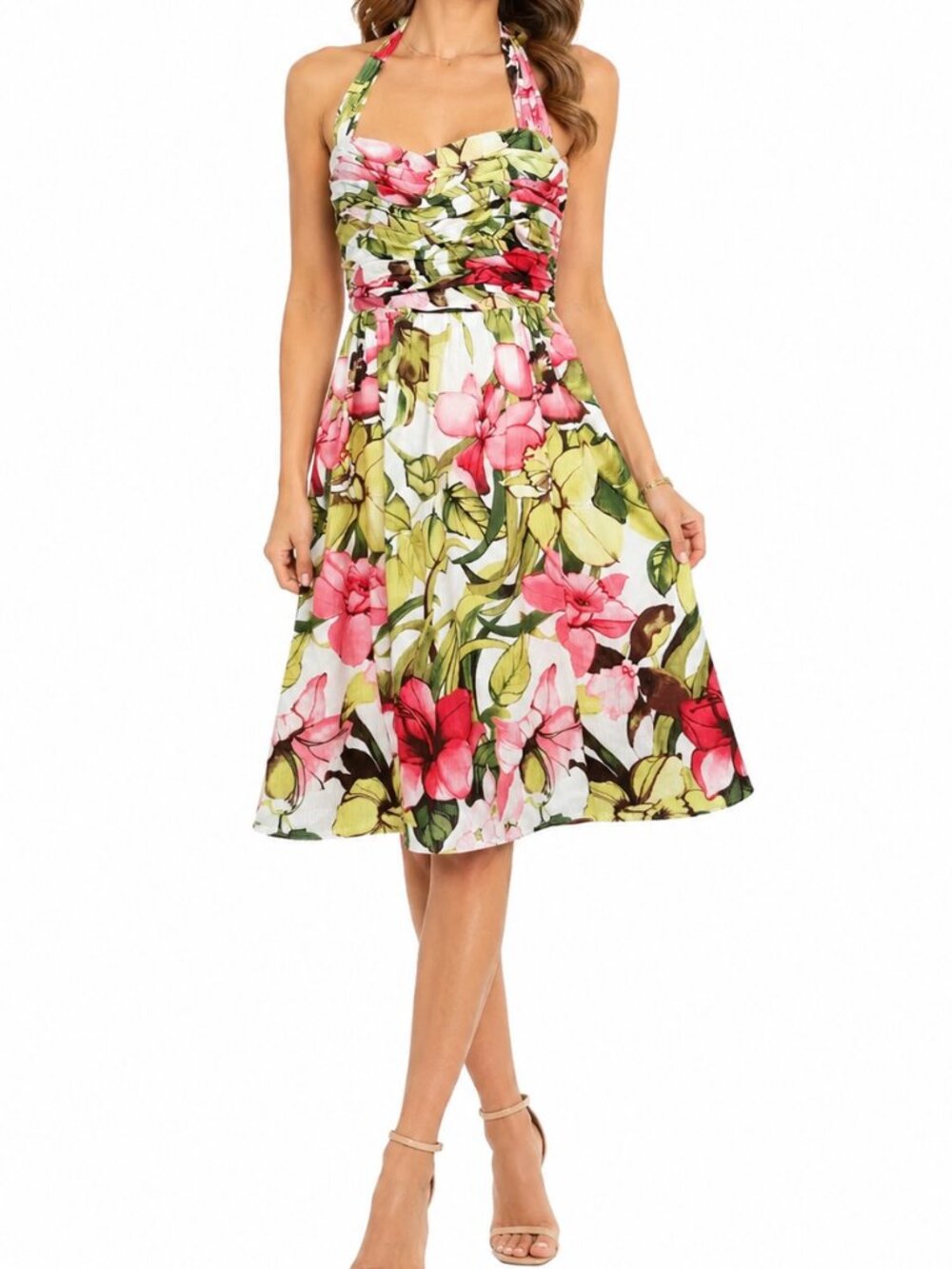 TOMMY BAHAMA Watercolor Orchid Halter Dress Sz 14 Silk Blend Tropical Floral